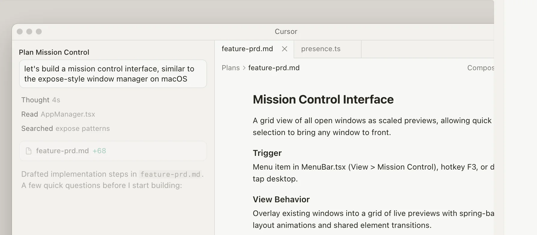Product frame from the cursor.com homepage (screenshot 08.07.2026): agent at work - Plan panel (prompt, Thought, Read, Searched, diff +68) beside a completed Mission Control Interface plan. No clean video on the site (logo animation only).