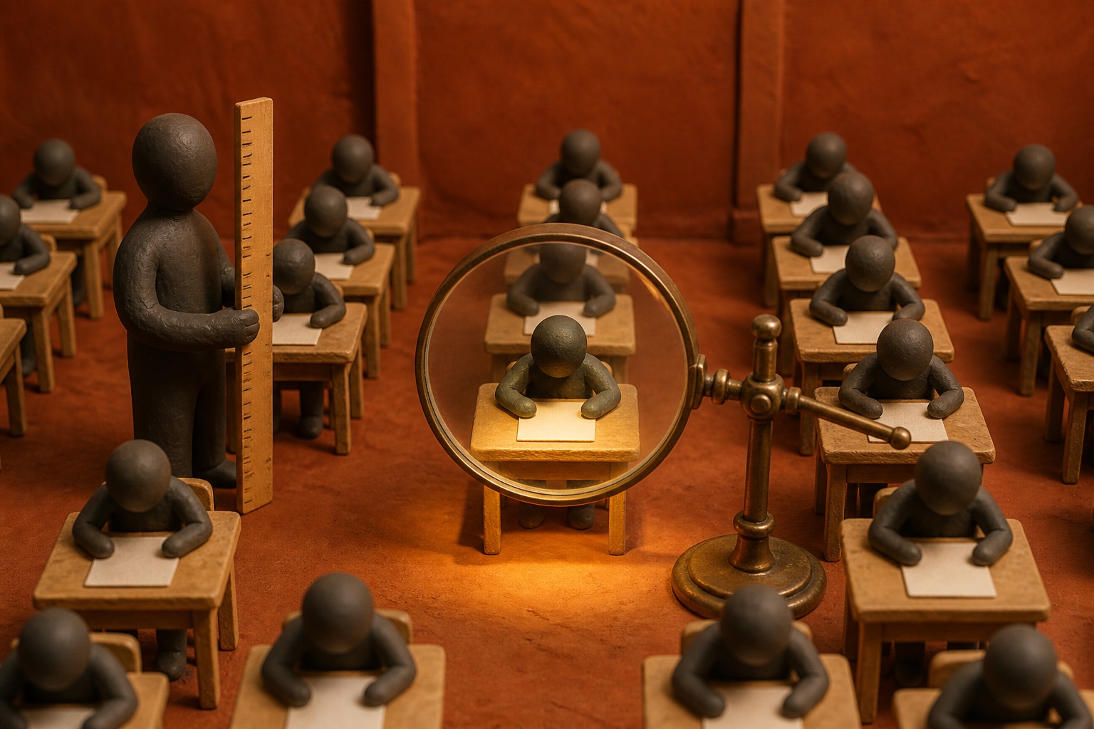 A clay exam hall: rows of desks with faceless figures over papers, an examiner with a tall wooden ruler, a large magnifying glass on a brass stand above one illuminated desk