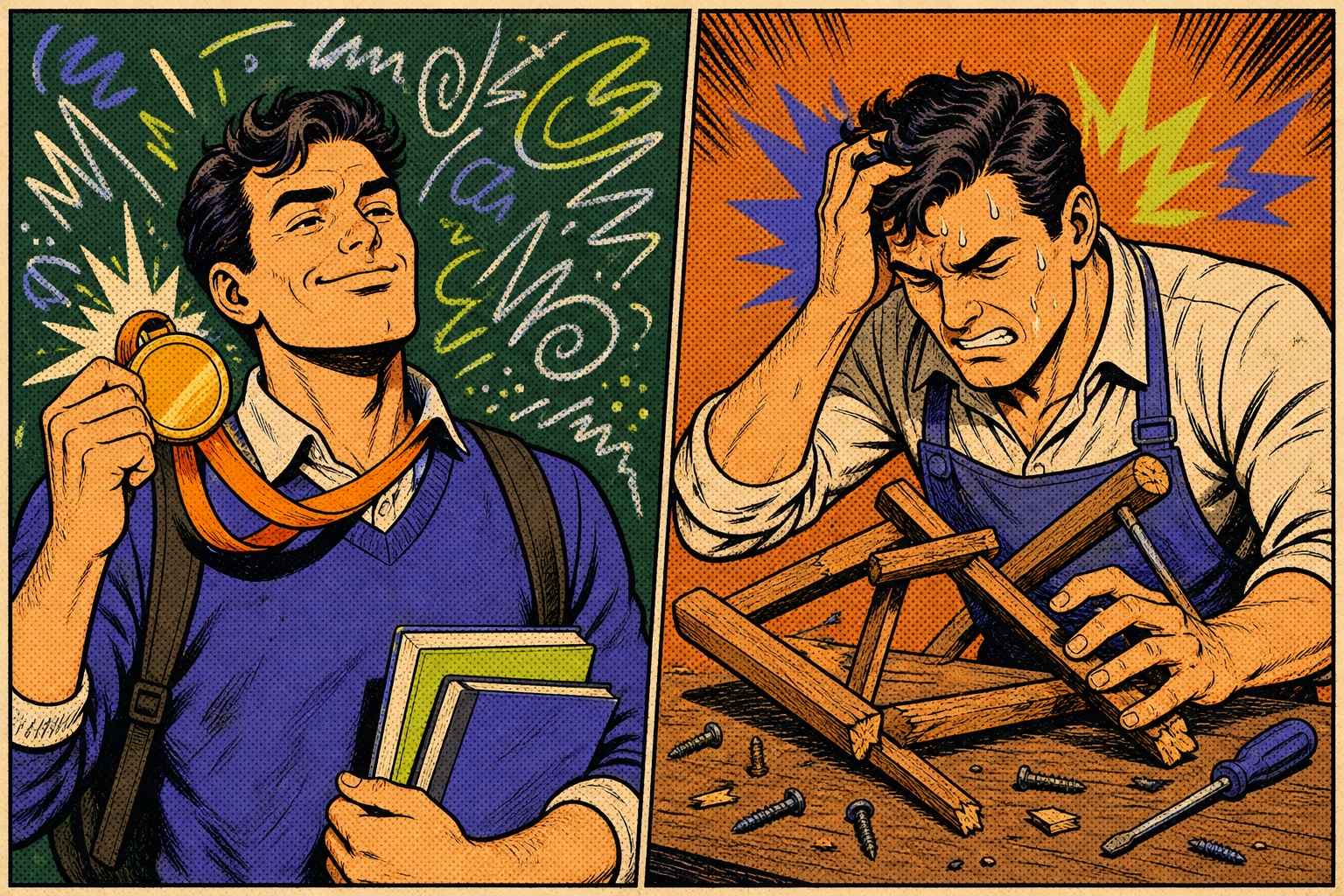 Two-panel retro comic: on the left, a proud graduate with a gold medal by a chalk-covered blackboard; on the right, the same person sweating over a broken wooden chair on a workbench