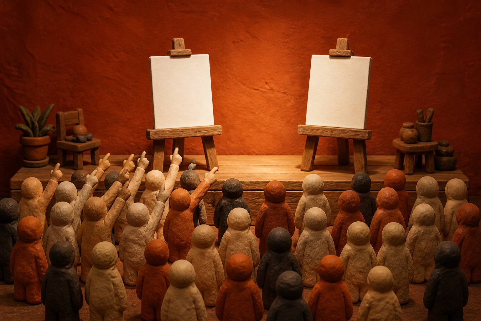 A crowd of clay figures votes with raised hands for one of two sheets on easels