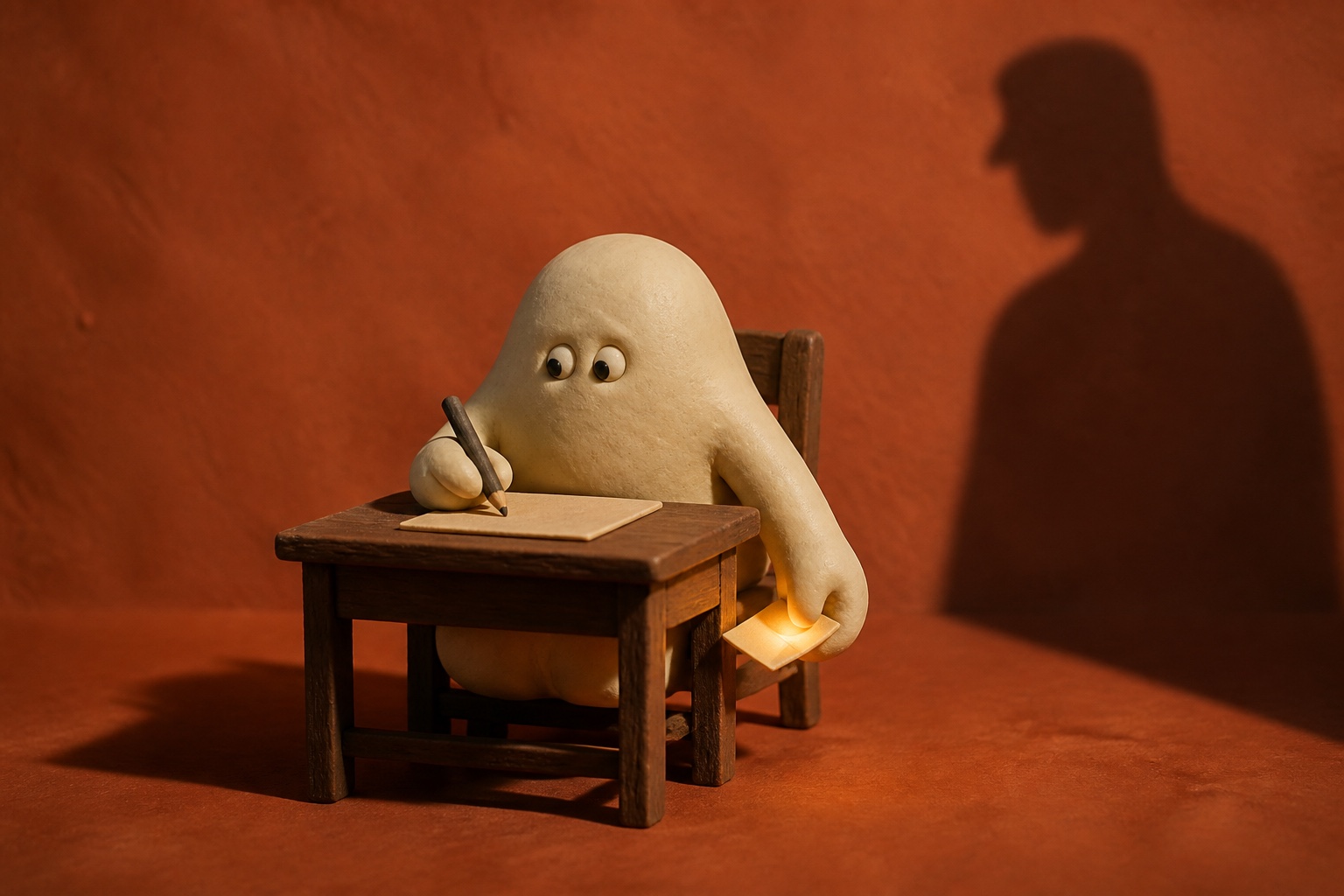 A clay figure at a desk secretly pulls out a cheat sheet, while an examiner’s shadow falls across the desk