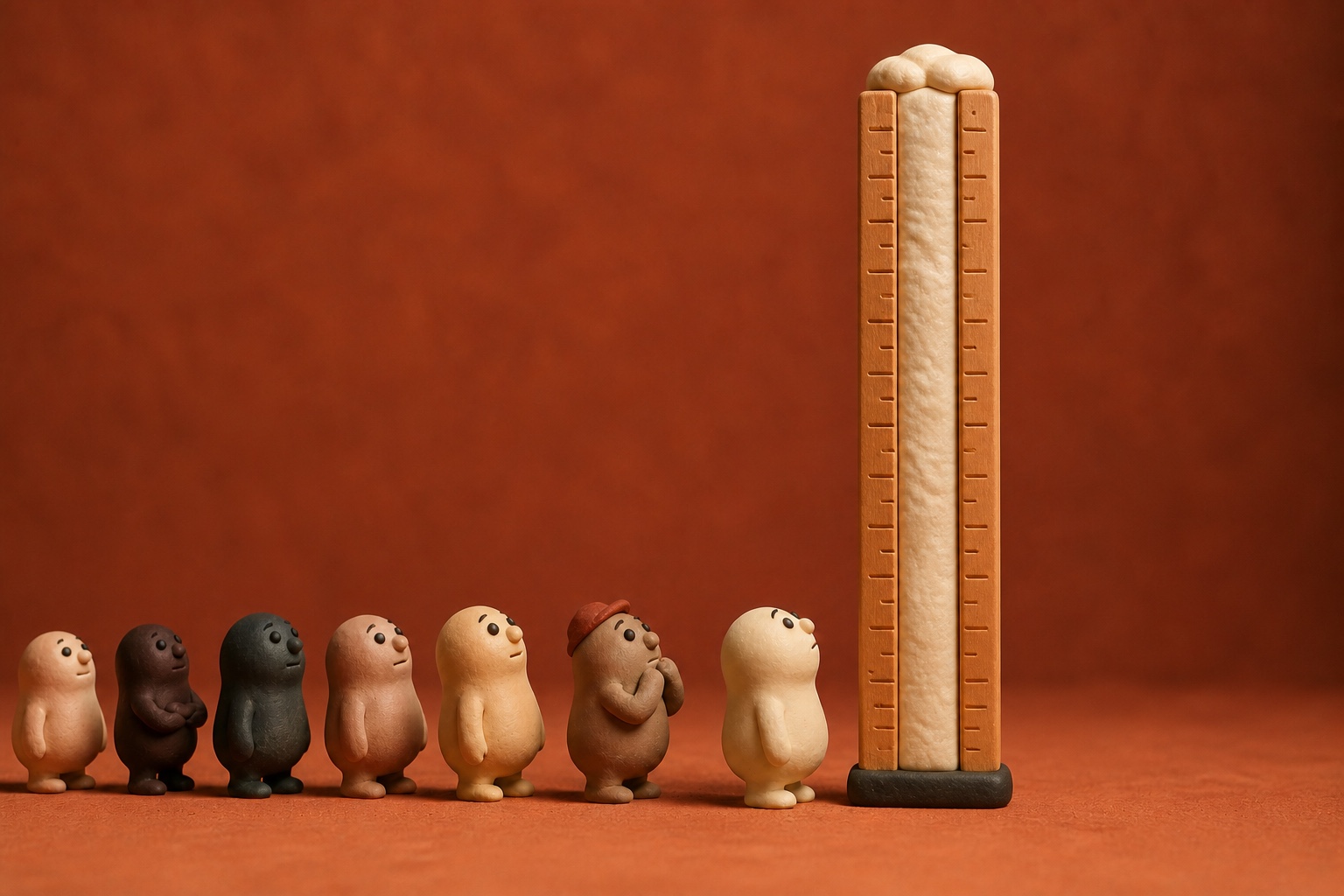 A clay measuring column filled to the brim, with a queue of figures at its base